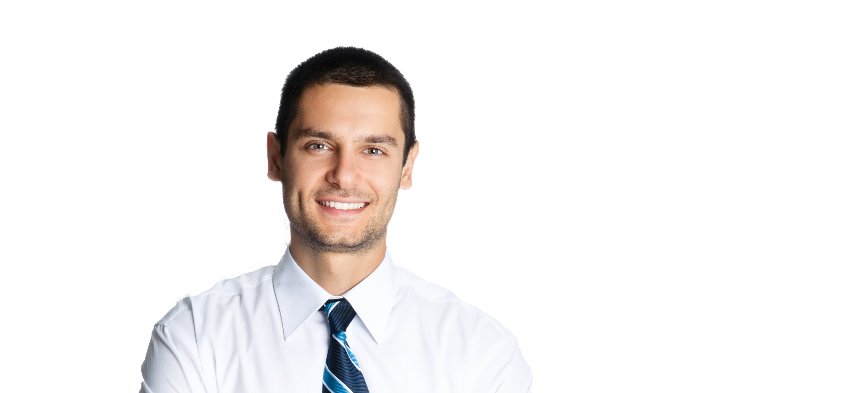 Portrait of happy smiling young businessman with crossed arms pose  against grey background